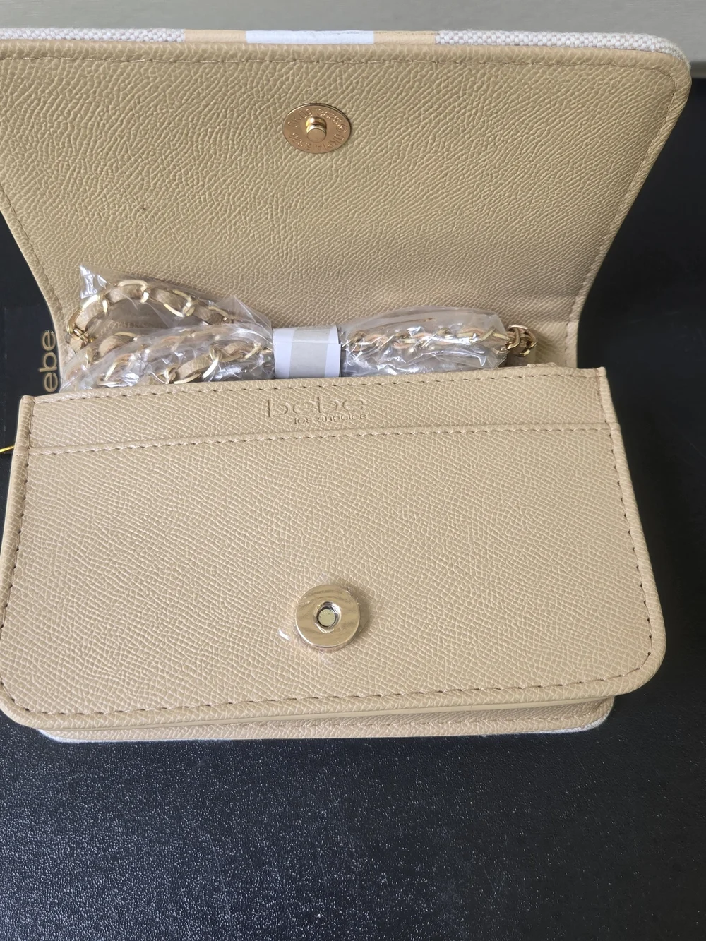 bebe Almond Canvas Crossbody Bag with Gold-Trim Stripe